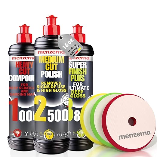 Menzerna Polishing Set 16oz – HCC1000, MCC2500 & SFP3800 | 3-Step System incl. 3 Matching 6-Inch Pads for Scratch Removal, Swirl Elimination & Mirror-Like Finish