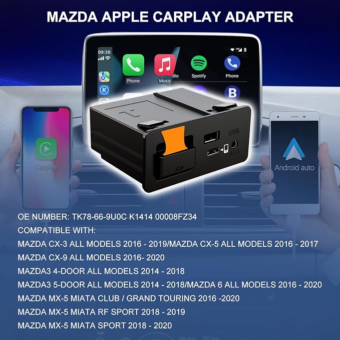 HMYC Mazda Carplay and Android Auto Retrofit Kit, TK78-66-9U0C OEM Media Hub Fits to MZD Connect System, Compatible with Mazda 2/3/6/CX3/CX5/CX9/MX5 2015-2020 Year(Type-c Fast Charging Interface)