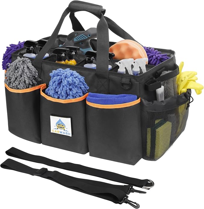 WDG Detailing Bag Cleaning Caddy Organizer with Handle & Polisher Tote Bag Wearable Cleaning Caddy Car Care Storage/Carry Tote for Car Care Supplies Organizer -Small