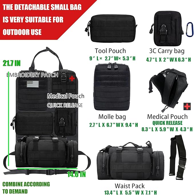 7 PACK Tactical Seat back organizer Truck organizer With 6 Detachable Pouches Universal For Car Truck Ford Jeep Military-Grade Heavier Panels With Multi-functional Packs (6 pack Black)