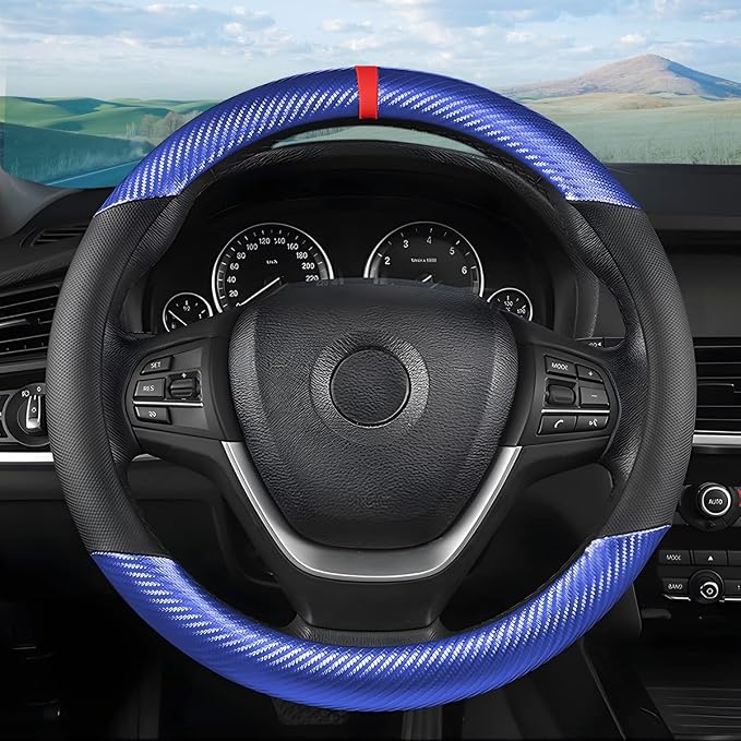 Moly Magnolia Steering Wheel Cover, Carbon Fiber Breathable Microfiber Leather with Non-Slip Lining, Cool in Summer Warm in Winter for Men Women, Universal 15 Inch for Most Cars (Carbon Fiber Blue)