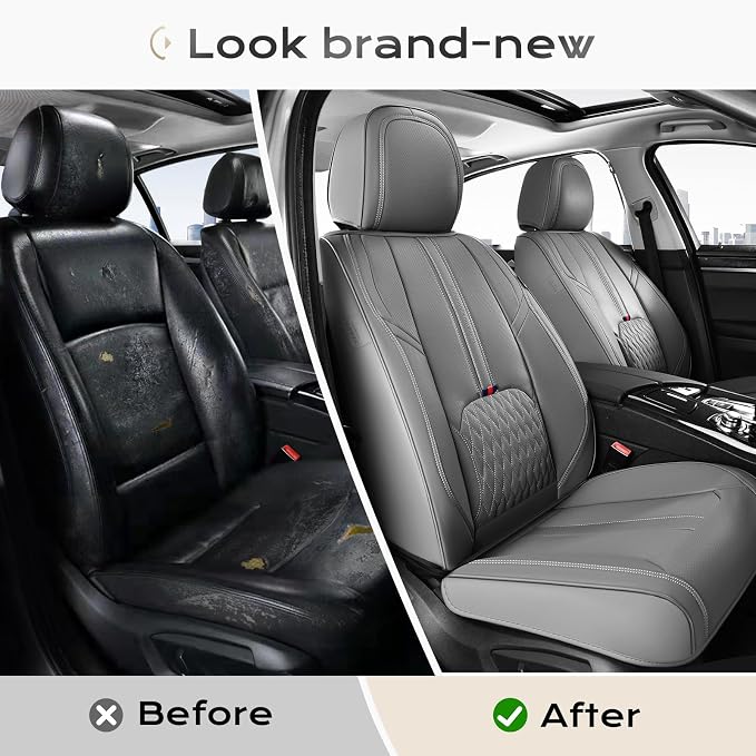 Coverado Car Seat Covers Full Set, Automotive Seat Cover with Lumbar Support, Nappa Leather Seat Cover for Cars, Waterproof Car Seat Protector, Car Seat Cushion Universal Fit for Most Vehicles (Gray)