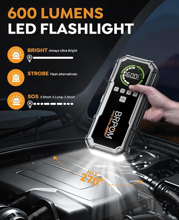 Jump Starter with Air Compressor, BRPOM 8000A Portable Car Jump Starter (All Petrol/12L Diesel), 160PSI 12V Battery Jump Starter Power Pack with Jump Clamps, LCD Screen, 600 Lumens Emergency Light