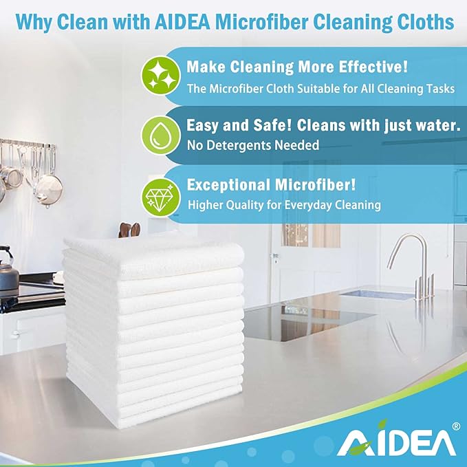 AIDEA Microfiber Cleaning Cloth White 100PK, Microfiber Towels for Cars, Absorbent Cleaning Rags, Lint-Free Streak-Free Wash Cloths for House, Kitchen, Cleaning Supplies 11.5"×11.5"