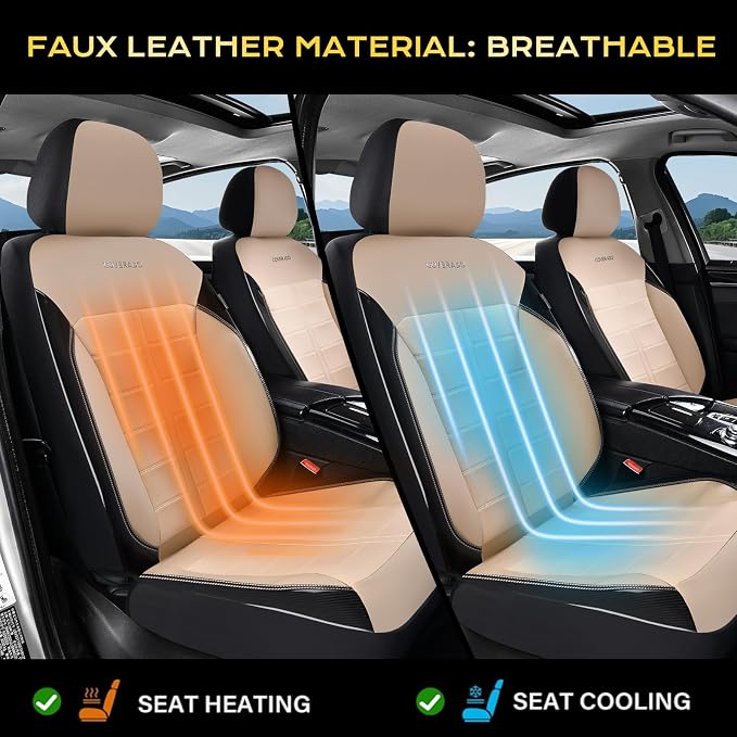 Coverado Front Seat Leather Covers, Full Leather Construction with Carbon Fibre Weave, Universal Fit for Most Cars SUV Trucks (Beige)