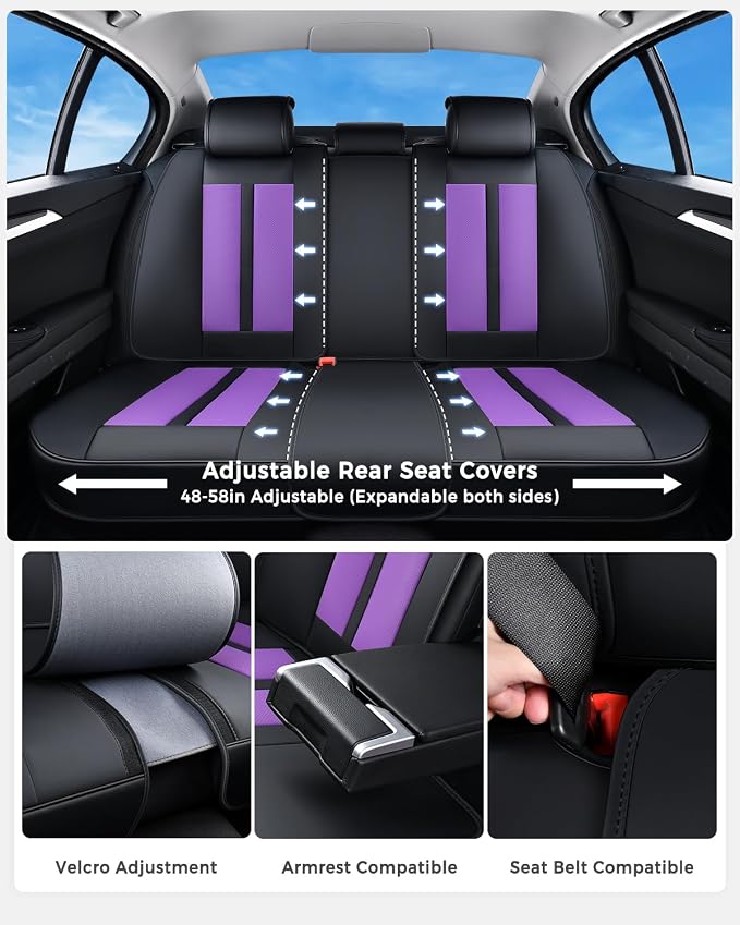 Huidasource Leather Seat Covers Luxury Nappa Leather, Seat Covers for Cars with Velcro Adjustable, Airbag Lumbar Support Cooling＆Heating, Seat Covers for SUV Fit for Most Cars SUV Trucks, Black＆Purple