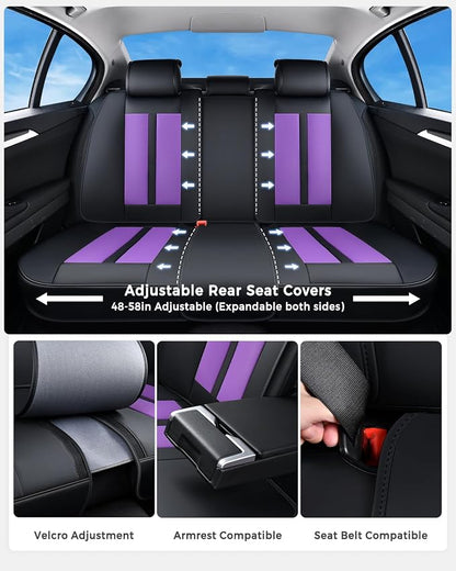 Huidasource Leather Seat Covers Luxury Nappa Leather, Seat Covers for Cars with Velcro Adjustable, Airbag Lumbar Support Cooling＆Heating, Seat Covers for SUV Fit for Most Cars SUV Trucks, Black＆Purple