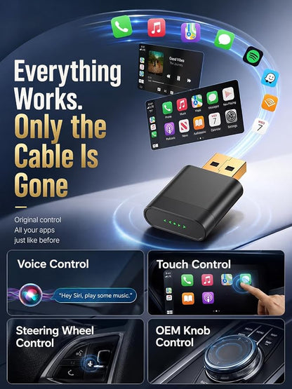 Wireless CarPlay Adapter for iPhone & Android Auto, Wired to Wireless CarPlay Dongle, Gold-Plated USB for Stable Connection, No Lag & Auto Reconnect in 5s, Mini Size Plug & Play, OEM Wired Cars 2016+