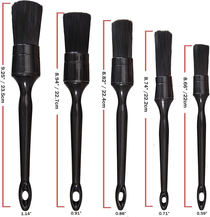 Car Detailing Brush Set, 5 Pack Auto Black Detail Brushes, Comfortable Grip and Scratch-Free Cleaning Brush for Car Interior or Exterior, Wheels, Tires, Engine Bay, Leather Seats, Door Panels, Emblems