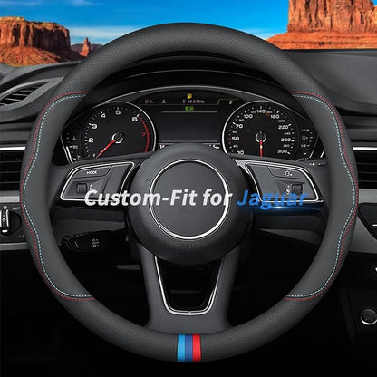 Deer Route Custom-Fit for Jaguar Steering Wheel Cover, Premium Leather Car Steering Wheel Cover with Logo, Non-Slip, Breathable, for