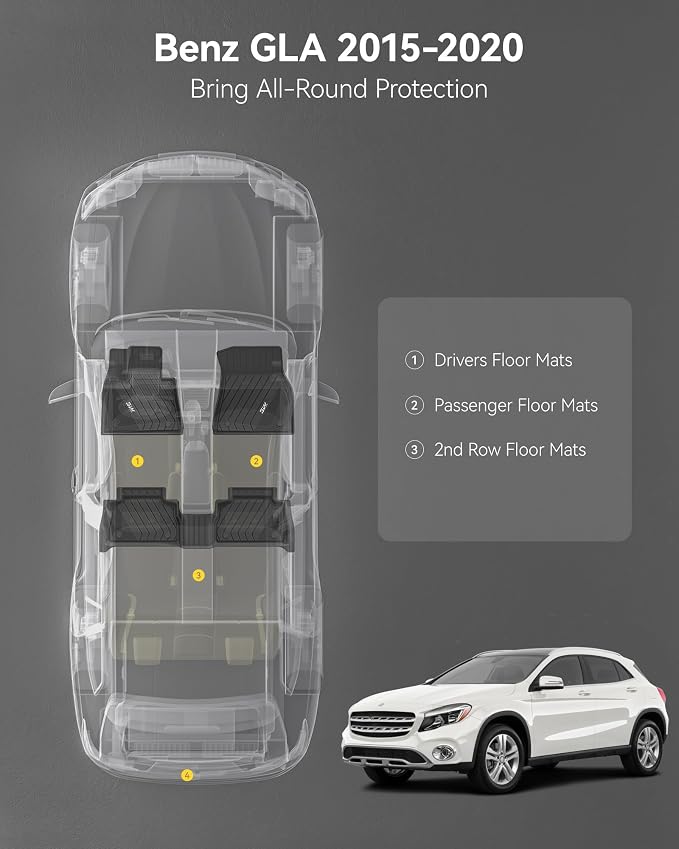 3W Floor Mats for Mercedes Benz GLA 2015-2020 250/45 AMG, TPE All Weather Custom Fit Floor Liner for Benz GLA Accessories 1st and 2nd Row Full Set Car Mats Easy Clean, Black
