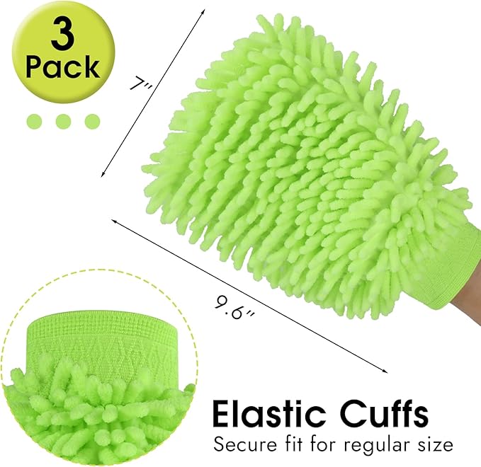 3 Pack Chenille Microfiber Car Wash Mitt, 7" x 9.6" Car Washing Mitts, Home Dusting Gloves, Scratch Free Lint-Free, Highly Absorbent, Double Sided, for Cleaning Detailing Polish (Green)
