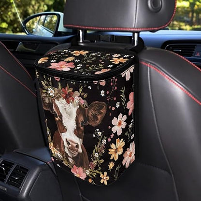 Talayituse Cow Flower Print Car Trash Can, Portable Auto Garbage Bin Multifunctional Vehicle Interior Accessories with Adjustable Straps Universal Fit Truck SUV Sedan