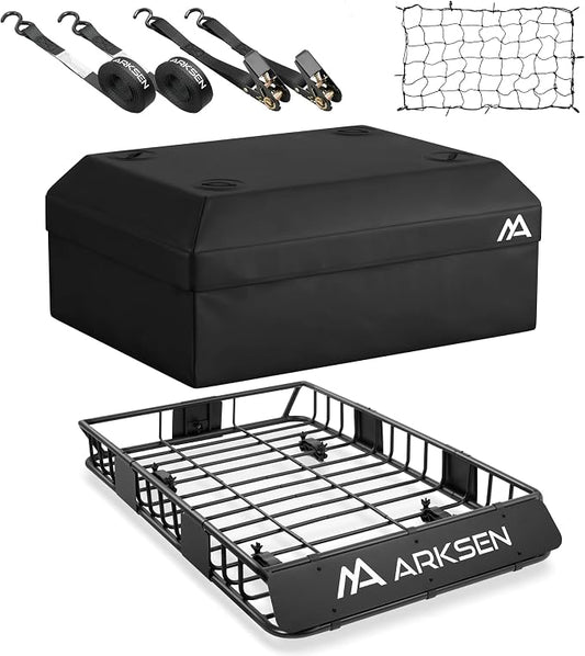 ARKSEN 54" x 34" x 6" Roof Rack Cargo Basket with Extension, 150 LBS Universal Heavy Duty Steel Rooftop Carrier with Waterproof Bag, Cargo Net & Tie Down Straps for SUV, Truck, RV, Pickup