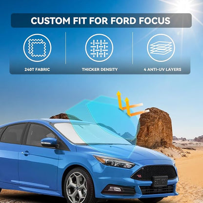 for Ford Focus 2012-2018 Windshield Sun Shade - 4 Layers Car Sunshades for Front Windows Shade Cover Custom Fit Focus Sun Visor 250T Retractable Shade Blocks UV Rays Car Accessories