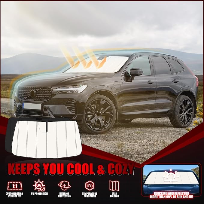 Windshield Sun Shade for Volvo XC60 2018-2025 2026, Front Window Visor Accessories, Folding Design Blocks Heat & UV Rays Maintain Cool Interior and Save Space