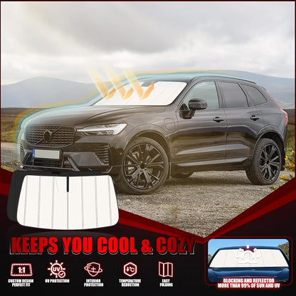 Windshield Sun Shade for Volvo XC60 2018-2025 2026, Front Window Visor Accessories, Folding Design Blocks Heat & UV Rays Maintain Cool Interior and Save Space