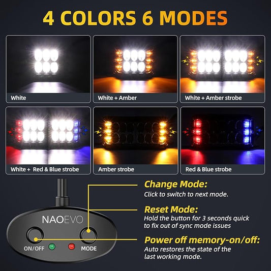 NAOEVO 4 Inch Strobe LED Light Pods, Amber White Blue Red Side Shooter, 6 Modes 60W Off Road Light with Memory Function, Emergency Fog Driving Work Light for Truck Boat ATV SUV with Wiring Harness