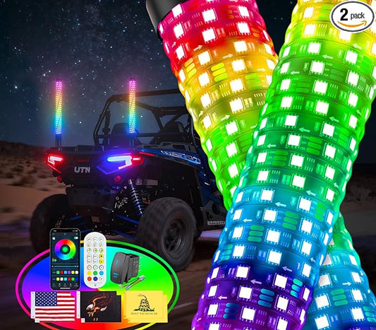 Ehaho 2PCS 1FT Fat Whip Lights for UTV ATV, Led Fatty Whip Light W/Rocker Switch & 6 Flags, Brighter Spiral Chasing Lighted Antenna Whip with APP & Remote Control for RZR SXS