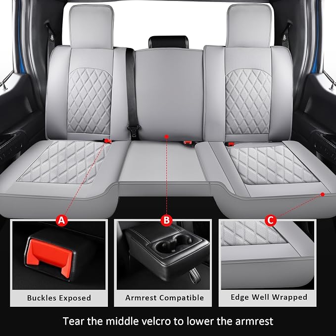 MIROZO Ram Seat Covers Full Set, Waterproof Car Seat Cover Grey Leather Truck Seat Protector Compatible with 2009-2026 RAM 1500/2500/3500 Crew Quad Cab Pickup with Split Curved Bench 40/60,Gray