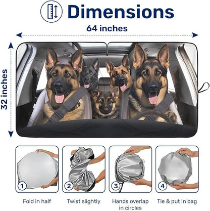 GENANY Cute Shepherd Dog Family Funny Windshield Sun Shade for Sedan SUV Truck (64x32 Inches), Automobile Sunshade, Car Decor