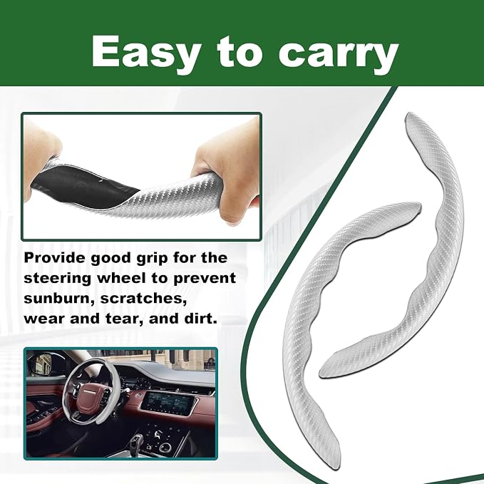 2pcs Carbon Fiber Anti-Skid Steering Wheel Cover, Anti-Skid Steering Wheel Cover/Segmented Steering Wheel Protector/Car Interior Accessories for Men/Women - Durable(White)
