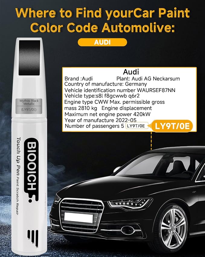 Touch Up Paint Pen Exact Color Match Car Chip and Scratch Repair (for Audi, Mythos Black(0E/LY9T))