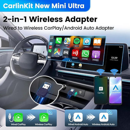 Carlinkit 2-in-1 Mini Ultra Wireless CarPlay Adapter & Android Auto - for iOS 10+/Android 11+, Convert Wired to Wireless with USB-A/Type-C, Plug & Play, 5.8G WiFi Fast & Stable Car with 2018+