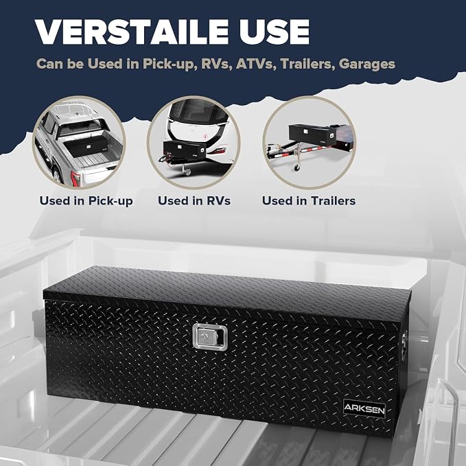 ARKSEN 49 x 15 x 15 Inch Diamond Plate Truck Bed Tool Box, Heavy Duty Waterproof Aluminum Toolboxes Storage Chest with Side Handle & Lock for Pickup Truck Bed, RV & Trailer – Black