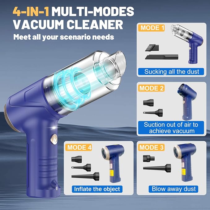 Handheld Cordless Car Vacuum Cleaner 16000Pa 4-in-1 Portable Vacuum & Air Duster with LED Light 120W High Power - Multi Nozzles for Pet Hair, Home, Office, Car - Rechargeable and Dual Filters
