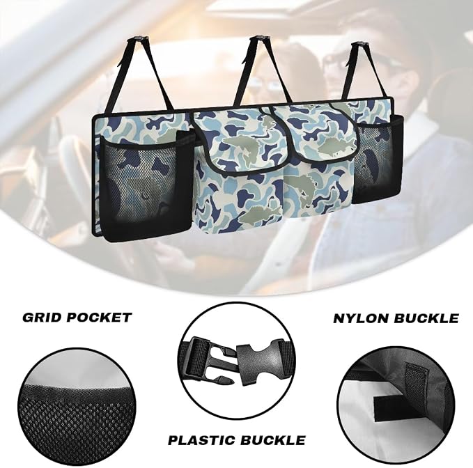 Fish Camouflage Hanging Car Organizer Waterproof Foldable Cars Interior Organizing Accessories 37" x 11.8" Large Capacity Car Organizers and Storage for Cars SUV Sedans