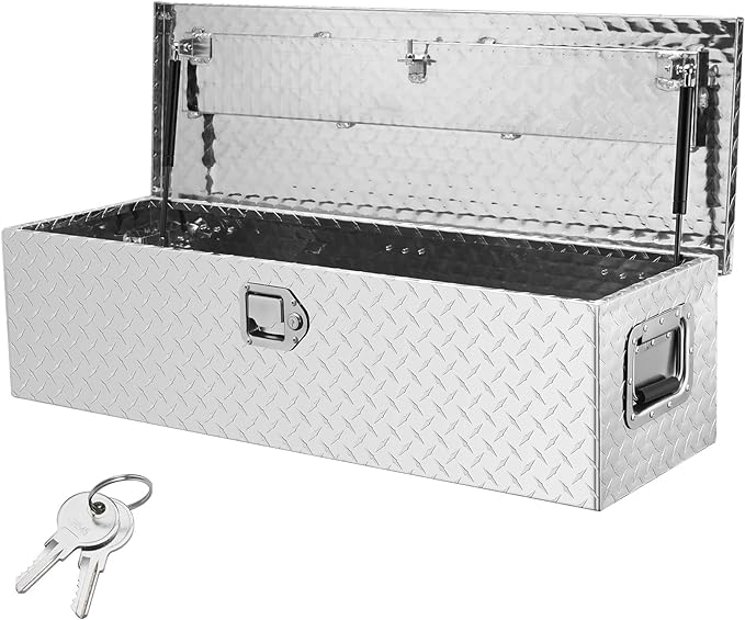 VEVOR Heavy Duty Aluminum Truck Bed Tool Box, Diamond Plate Tool Box with Side Handle and Lock Keys, Storage Tool Box Chest Box Organizer for Pickup, Truck Bed, RV, Trailer, 39"x13"x10", Silver