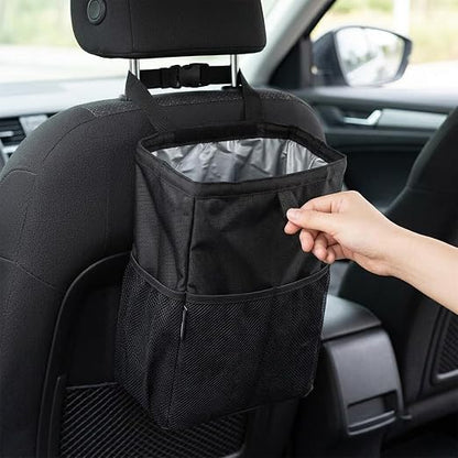 3.5 Gallon Leak-Proof Car Trash Can with Hook and Loop Lid and Handle, Waterproof Portable Hanging Auto Garbage Bag, Large Capacity Waste Bin for SUV, Truck, RV, Camping & Office (Black)