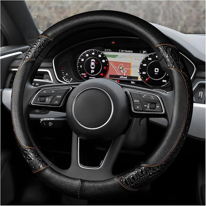 Leather Car Steering Wheel Cover, 15" Crocodile Pattern Anti Slip Car Wheel Wrap with Rose Grain, Four Seasons Universal Auto Steering Wheel Protector for Cars Trucks SUVs (Black & Black)
