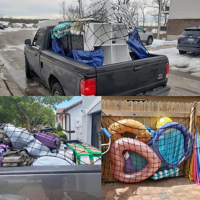 Amiss 4' x 6' Stretches to 8' x 12' Truck Cargo Net, Roof Rack Cargo Net for Pickup Trucks SUV, Heavy Duty Truck Bed Cargo Bungee Net with 12 Black Clips and Storage Bag, Car Exterior Accessories