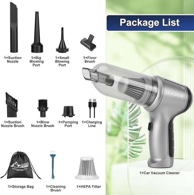 WADEO Handheld Vacuum Cordless, Car Vacuum Portable Cordless 18000Pa, Hand Held Vacuum, Mini Vacuum with Blower, Car Vacuum with Brushless Motor and TypeC, Portable Vacuum for Car