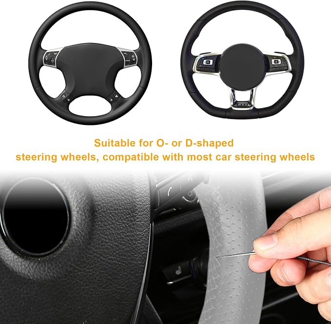 Ziciner Genuine Leather Steering Wheel Cover, Stitch on Wrap, Breathable Anti-Slip Car Steering Wheel Protector for Max Diameter 15 Inch, DIY Sewing with Needles Thread (Gray, Hole)
