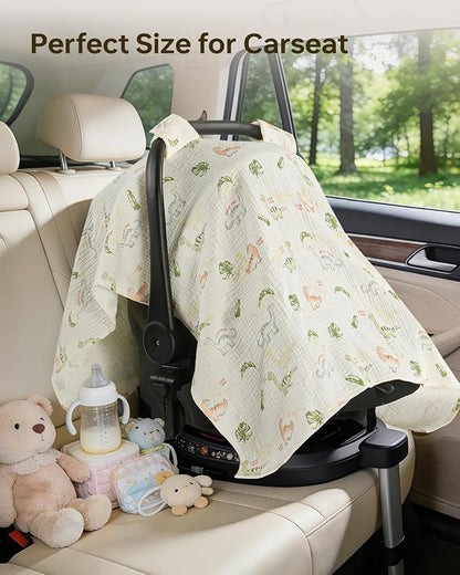 100% Muslin Cotton Car Seat Cover for Baby, Soft Breathable Car Seat Canopy, Universal Infant Carseat Cover Sun Protector, Lightweight Summer Stroller Cover for Boys Girls - Dinosaur