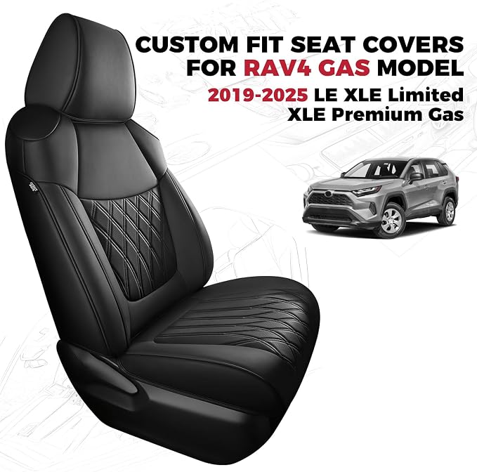 FREESOO Custom Seat Covers for Toyota RAV4 2019 2020 2021 2022 2023 2024 2025 LE XLE Limited XLE Premium Gas, RAV4 Leather Car Seat Covers Interior, RAV 4 SUV Accessories Full Set, Black