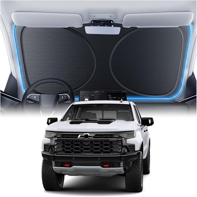 Windshield Sun Shade for Chevrolet Silverado 1500 2000-2026, Custom Fit Sunshade, 100% UV Block & Heat Insulation, Foldable Car Sunshade with Storage Bag, Protect Interior Accessories