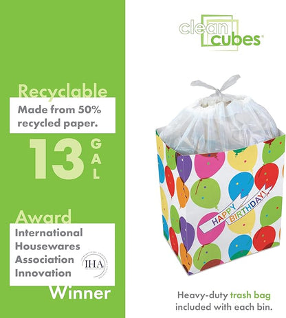 Clean Cubes 13 Gallon Disposable Pop-Up Trash Cans (6-Pack) with Fitted Bags – Foldable Garbage & Recycling Bins for Parties, Events & Kitchen (Birthday, 17" H x 13.5" W x 10" D)