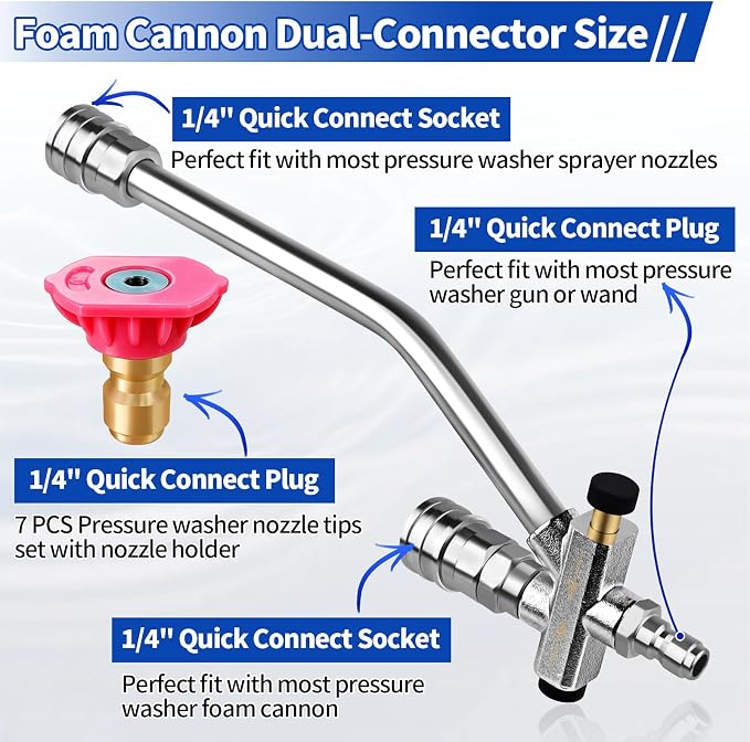 Boltigen Foam Cannon Dual Connector Accessory, 1/4" Quick Connect Switch Double Tip Attachment, Pressure Washer Extension Wand Accessory Kit, with 7 Pressure Washer Nozzle Tips, 4000 PSI