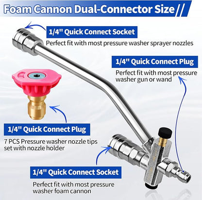Boltigen Foam Cannon Dual Connector Accessory, 1/4" Quick Connect Switch Double Tip Attachment, Pressure Washer Extension Wand Accessory Kit, with 7 Pressure Washer Nozzle Tips, 4000 PSI