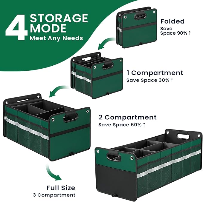 winhunt Car Trunk Organizer, Car Storage Organizer, Collapsible Multi Compartment for Car, Suv, Sedan, Truck, 100L, Extra Larger (Green, 100L)