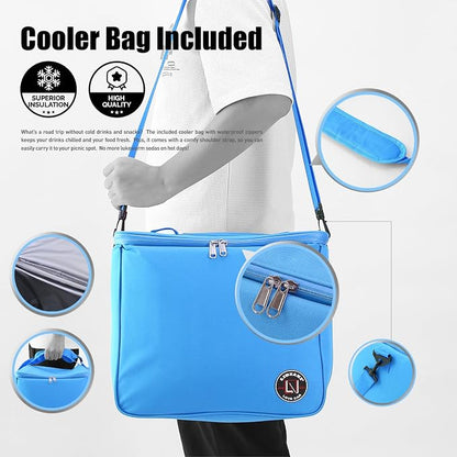 LIBZAKI Oversize 4 in 1 Car Trunk Storage Organizer, Multi Compartment Collapsible Trunk Storage Box with Cooler Bag for Car Truck SUV-Light Blue