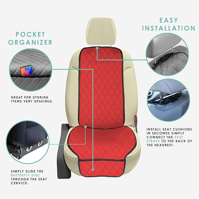 FH Group Car Seat Cushion – Neosupreme Single Front Seat Cover with Front Pockets, Airbag Compatible, Universal Fit Car Seat Cushion for Driver or Passenger Seat, SUV, Truck, Sedan & Van – Red