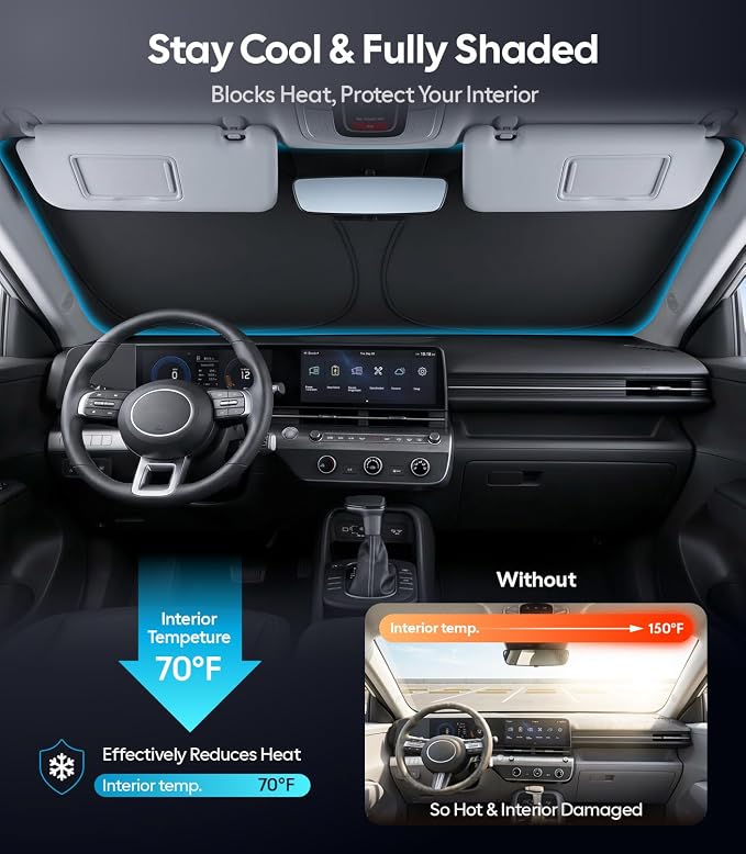 Wigoo for Hyundai Kona Windshield Sunshade [OEM Design, 100% Sun Blockage] Foldable Heat Insulation Sun Shade with Storage Bag, for Hyundai Kona (2018-2026), Silver Coating