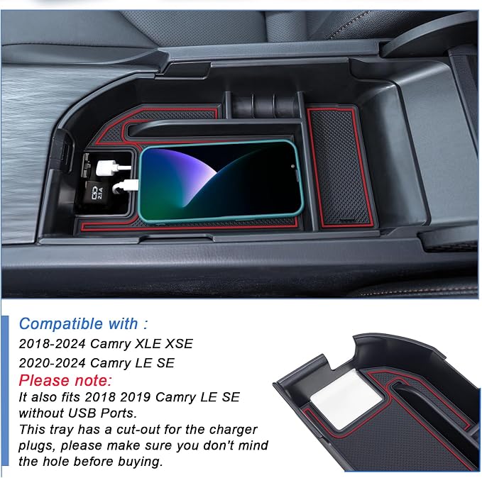 TOPINSTALL Red Center Console Organizer Compatible with 2018-2023 2024 Toyota Camry XLE XSE and 2020-2024 Camry LE SE with Dual USB Ports, Interior Accessories Armrest Tray Insert (Not for 2025)