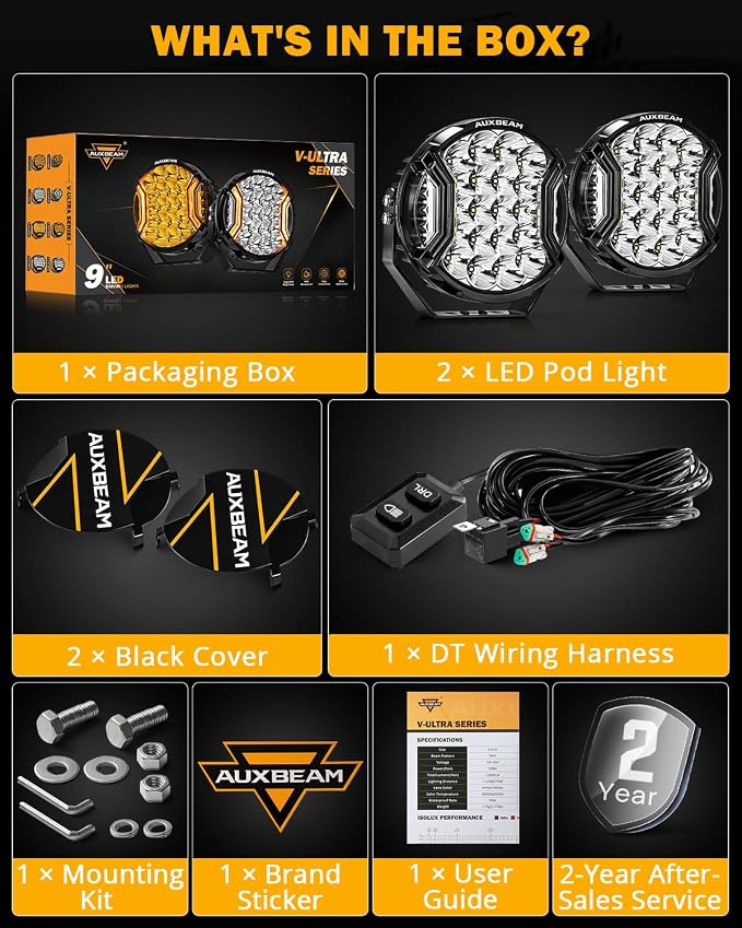 Auxbeam 9 Inch 300W LED Pod Lights, V-Ultra Series Round Spotlights with Amber DRL & 270° Side Shooter, 35600LM Universal Off-Road Driving Lights with DT Harness & Protective Covers, Pair