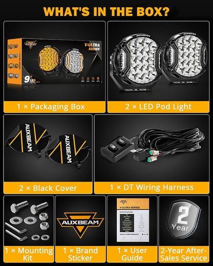 Auxbeam 9 Inch 300W LED Pod Lights, V-Ultra Series Round Spotlights with Amber DRL & 270° Side Shooter, 35600LM Universal Off-Road Driving Lights with DT Harness & Protective Covers, Pair